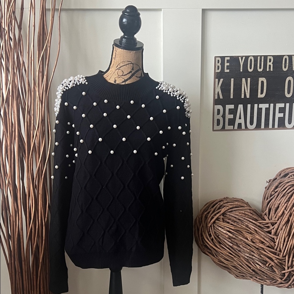 SHEIN Black Sweater with Pearl Accents
